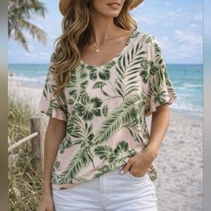 W5 Pink Tropical Leaf Print Top Short Sleeve Blouse Casual Summer Size M